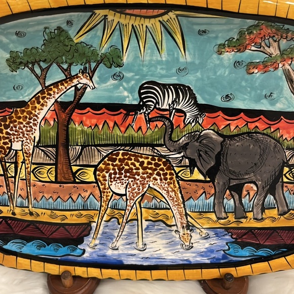 Vintage Penzo Zimbabwe Serving Tray African Art Hand Painted Signed Dishes Anima - Picture 2 of 7